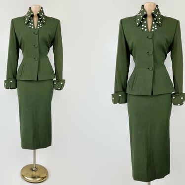 RESERVED for EthelandLucyDesigns- 2/2 VINTAGE 1950s Virgin Wool Olive Green Beaded Skirt Suit by Lilli Ann | 50s Gabardine Suit 