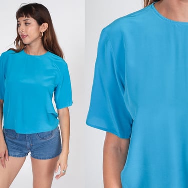 Blue Silk Shirt 90s Blouse Plain Shirt SILKY Top Short Sleeve Blouse Vintage 1990s Blouse Simple Shirt Collarless Pullover Medium 