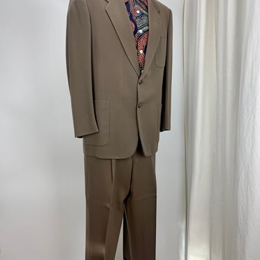 1950's Gabardine Suit - Putty Color - 2 Button Jacket Closure - Ventless Back - Pleated Baggie Slacks w Cuffs  - Men's Size Medium to Large 