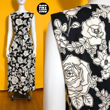 Lovely Vintage 60s 70s Black & Off-White Flower Power Hawaiian Style Sleeveless Dress 