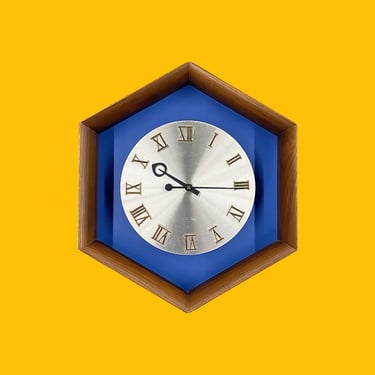 Vintage Howard Miller Wall Clock Retro 1960s Mid Century Modern + Hexagon + Brown Wood + Blue Face + Gold Roman Numerals + Battery Operated 