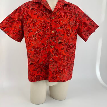 1960'S Hawaiian Shirt - Paradise Products Label - All Cotton - Vivid Tomato Red - Metal Buttons - Men's Size Medium 