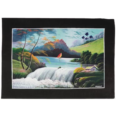 Pradip Acrylic Painting on Paper India Landscape Vintage Waterfall Scene 