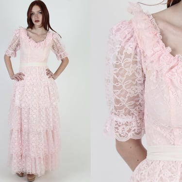 Vintage 70s Sheer Floral Lace Dress Pink Prairie Ruffle Tiered Saloon Gown Maxi Dress 