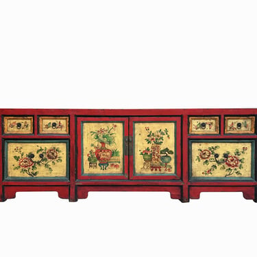 Chinese Distressed Red Cream Flower Graphic TV Console Table Cabinet cs7722E 