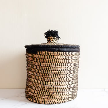 vintage moroccan straw and wool Berber basket