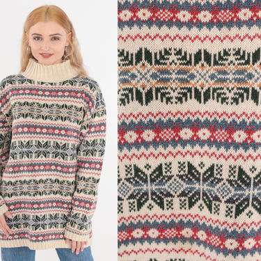Nordic Snowflake Sweater 90s Turtleneck Knit Pullover Sweater Fair Isle Geometric Striped Cream Red Blue Cotton Ramie 1990s Vintage Large L 