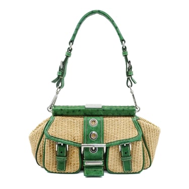 Prada Paglia Woven Ostrich Leather Trimmed Bag