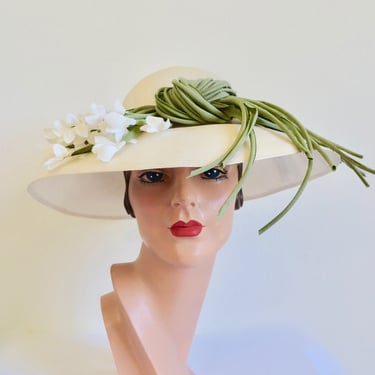 1970's 80's Natural Cream Fine Weave Wide Brim Straw Hat White Flowers and Green Stems Spring Summer Garden Party Bridal Wedding Frank Olive 