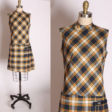 1960s Navy Blue White and Yellow Plaid Sleeveless Pleated Scooter School Girl Dress -XS 