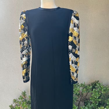 Vintage 80s cocktail dress short sheath black crepe fabric satin trim sequins sleeves Sz Small Helga 