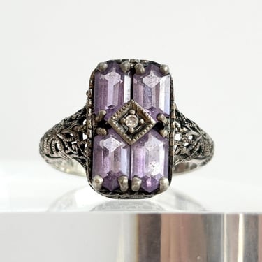 Art Deco Sterling Silver Bead Accented Purple Amethyst & Clear Gemstone Sterling Silver Vintage Ring - sz 6.75 