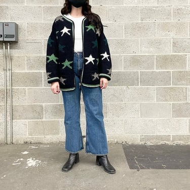 Vintage Cardigan Retro 1990s Native American + Authentic Hand Knit + Wool by Otavalo + Zip Up + Navy + Stars + Novelty Print + Unisex 