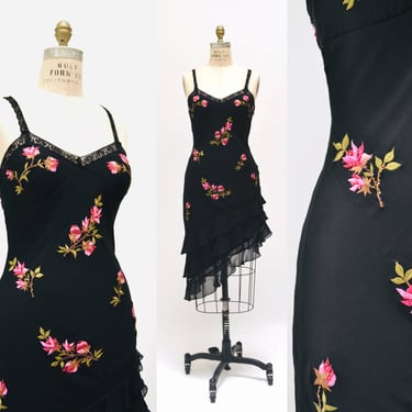 Vintage 90s 00s Y2K Bias Cut Silk Dress Black Silk Ruffle Asymmetrical Beaded Floral Dress Tank Slip Dress XS Small Silk Dress Sue Wong 
