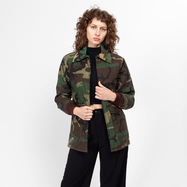 Small 70s 80s Quilted Camo Winter Jacket Unisex | Vintage Camouflage Olive Drab Grunge Insulated Hunting Coat 