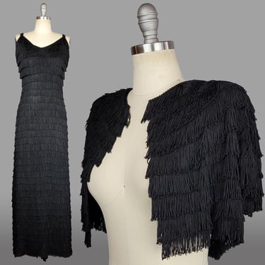 1940s Fringed Dress / Black Fringe Gown with Matching Bolero Jacket / 1940s Hawaiian Dress / Size Small 