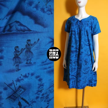 Comfy Vintage 70s 80s Blue Hawaiian Novelty Print Cotton Muumuu Dress 