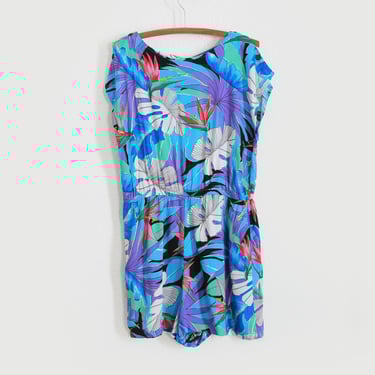Hawaiian romper | Vintage 80s Tropical floral bird of paradise Playsuit Shorts 