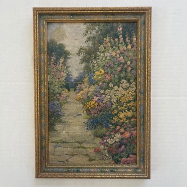 Vintage Painted Garden Scene Floral Design Antique Style Petina Golden Frame Art Decor framed painting yellow pink flowers garden scene 