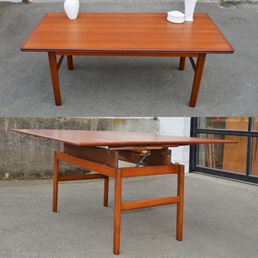 Clever Teak Elevator Coffee Table Converts to Dining Table w/ Leaves