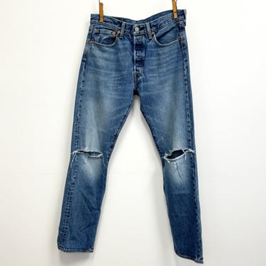 Vintage Levi 501 Jeans | 90s Button Fly Mid Rise Straight Leg Blue Jeans with Ripped Knees | 32 X 32 