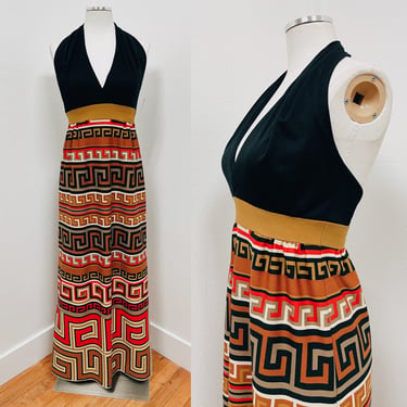 1970s Geometric Square Swirl Empire Waist Halter Top Maxi Dress by Ruth Norman for Gay Gibson XS/S | Vintage, Retro, Egyptian, Unique 