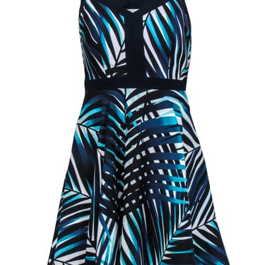 Trina Turk - Navy, White, Black &amp; Turquoise Leaf Print Fit &amp; Flare Dress Sz 0