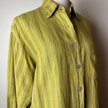 Bryn Walker striped 100% linen shirt~ button down~ loose boxy boyfriend cut~ groovy pea green chartreuse color~ Oversized look 90’s Size Med 