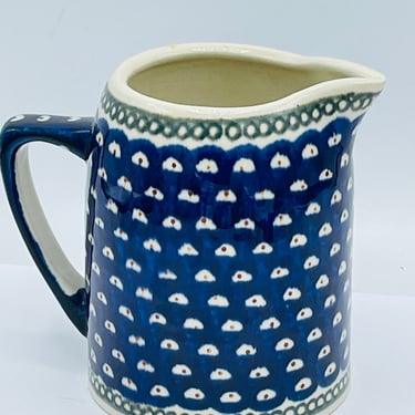 Vintage Boleslawiec Ceramika Pottery Pitcher 5" tall - Blue Polka Dot Hand Made Painted Poland - Chip Free 