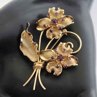 60's Bond Boyd sterling vermeil purple rhinestone flowers brooch, ornate gold wash 925 silver crystal pin 