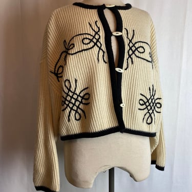 90’s wool ribbed sweater cardigan black design top stitching boxy oversized black & white / Med Large 