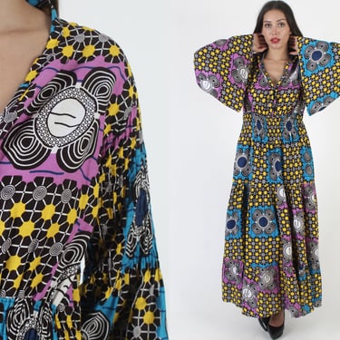 African Tribal Bell Sleeve Dress / Patchwork Floral Neon Dress / Vintage 80s Smocked Elastic Bust / Long Avant Garde Floor Length 