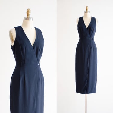 navy wrap dress 90s y2k vintage Ann Taylor dark blue minimalist longline midi dress 