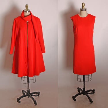 1960s Red Sleeveless Shift Dress with Matching Pleated Wrap Scarf Collar Tent Zip Up Coat Outfit by Lilli Ann -XS 