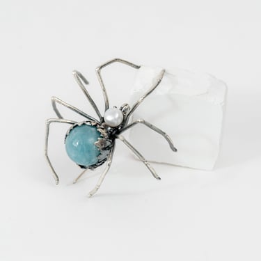 Sterling Silver and Blue Glass Spider Brooch