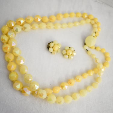 1950s West German Yellow Faceted Bead Necklace and Clip Earrings 