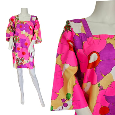 Design House 1960's Pink Yellow Graphic Floral Print Open Back Tunic Top I Sz Lrg I Smock Top 