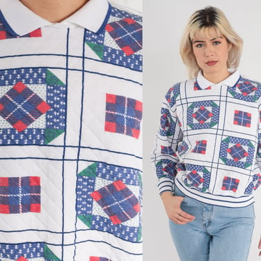Quilted Sweatshirt 90s White Collared Sweatshirt Patchwork Print Quilt Sweater Retro Slouchy Kawaii Red Blue Vintage 1990s Small S 