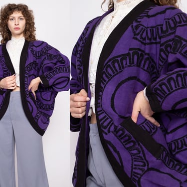70s Nepalese Batwing Sleeve Woven Cotton Jacket - One Size | Vintage Purple & Black Open Fit Cardigan Coat 