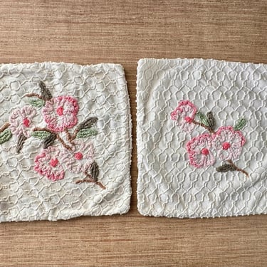 Vintage Floral Chenille Pillow Covers by Cabin Craft - Set of 2 - Off White With Pink Flowers 