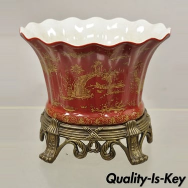 Chinoiserie Style Red Ceramic Scalloped Planter Pot on Ornate Bronze Base