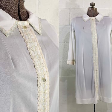 Vintage Nightgown Pajamas White Miss Elaine Rose Button Trim PJ Sleep Shirt Gown Sleepwear Dress 3/4 Sleeve 1960s Medium 