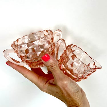 Vintage Pink Jeannette Glass Creamer & Sugar/  Cubist Diamond depression glass 