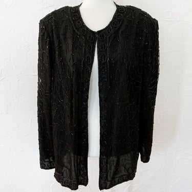 80s/90s Silk Black Sparkly Abstract Swirl Beaded Open Front Jacket | 1X 