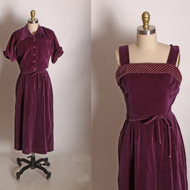 1950s Purple Wide Strap Belted Gold Detail Wiggle Dress with Matching Short Sleeve Jacket by Koret of California 