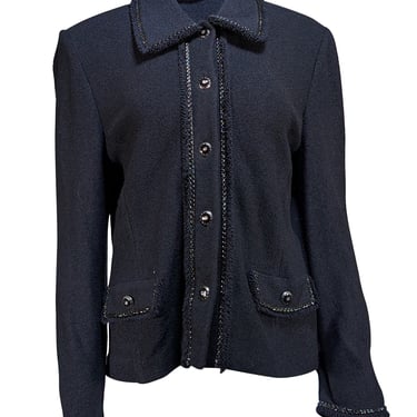 St. John - Navy Knit Button Front Fringe Hem Jacket Sz 12