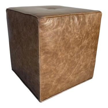 Modern Vintage Style Pull Up Tufted Brown Leather Ottoman