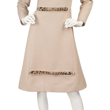 1960s Vintage Mod Beige Wool & Leopard Print Fur Dress Sz S 