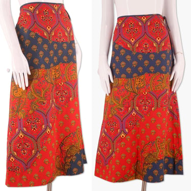 70s ANNE KLEIN patchwork midi skirt sz 6, vintage 1970s paisley A line skirt, early AK label S/M 60s 