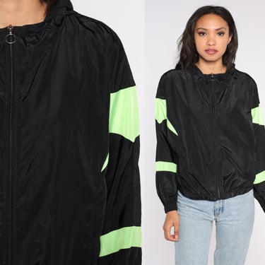 Black Hooded Windbreaker Y2K Neon Green Striped Zip Up Nylon Jacket Warmup Hoodie Track Jacket Hood Retro Sports Vintage Warm Up 00s Small S 